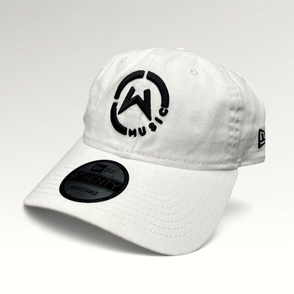 Raree Finds white New Era 9TWENTY dad hat with black embroidered circular Music logo and curved brim