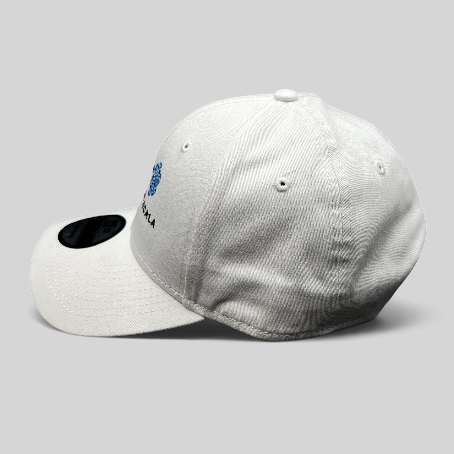 Raree Finds white New Era 9FORTY strapback hat with The Guest House Ocala blue key embroidery and curved brim