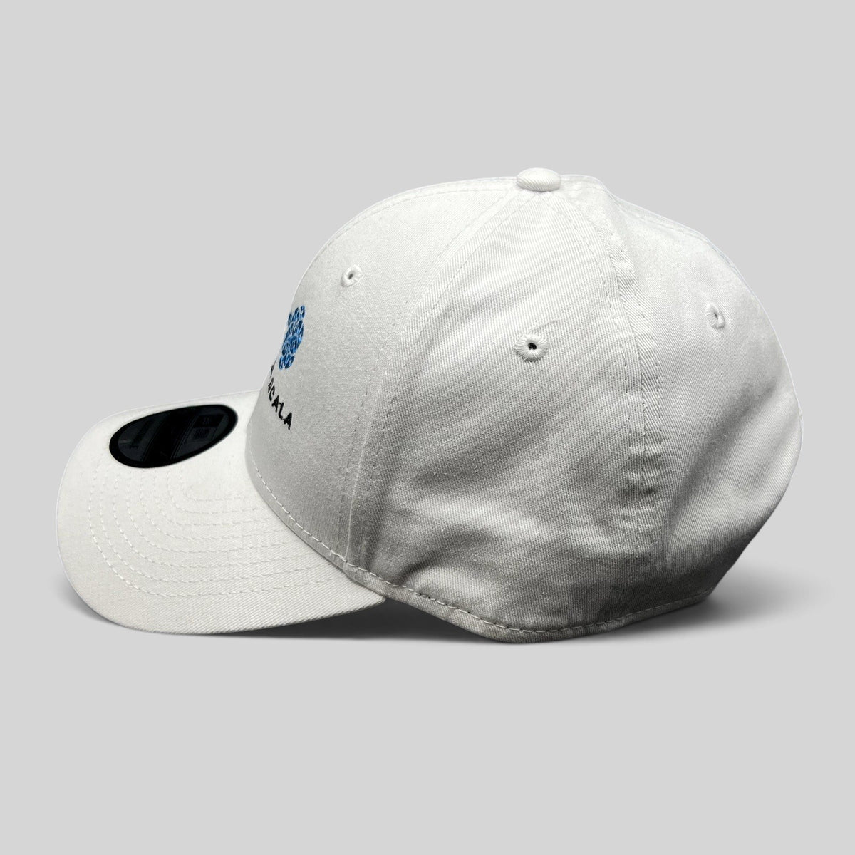 Raree Finds white New Era 9FORTY strapback hat with The Guest House Ocala blue key embroidery and curved brim