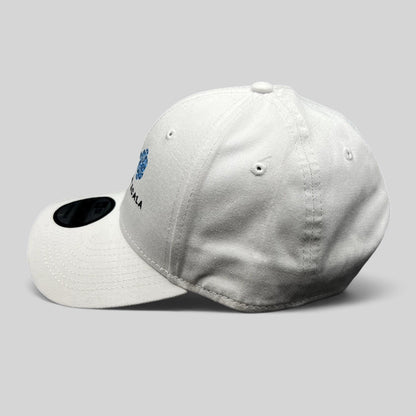 Raree Finds white New Era 9FORTY strapback hat with The Guest House Ocala blue key embroidery and curved brim