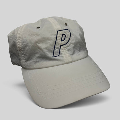 Raree Finds white Palace Skateboards nylon strapback hat with an embroidered navy blue P logo on the front crown.