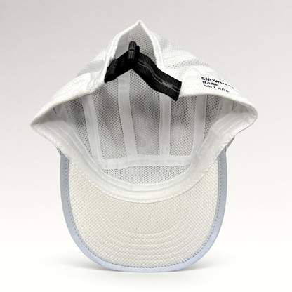 Raree Finds white 5-panel performance running hat interior showing breathable mesh and adjustable rear buckle strap.