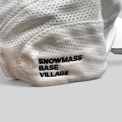 Raree Finds white performance running hat with Snowmass Base Village embroidery on breathable mesh fabric