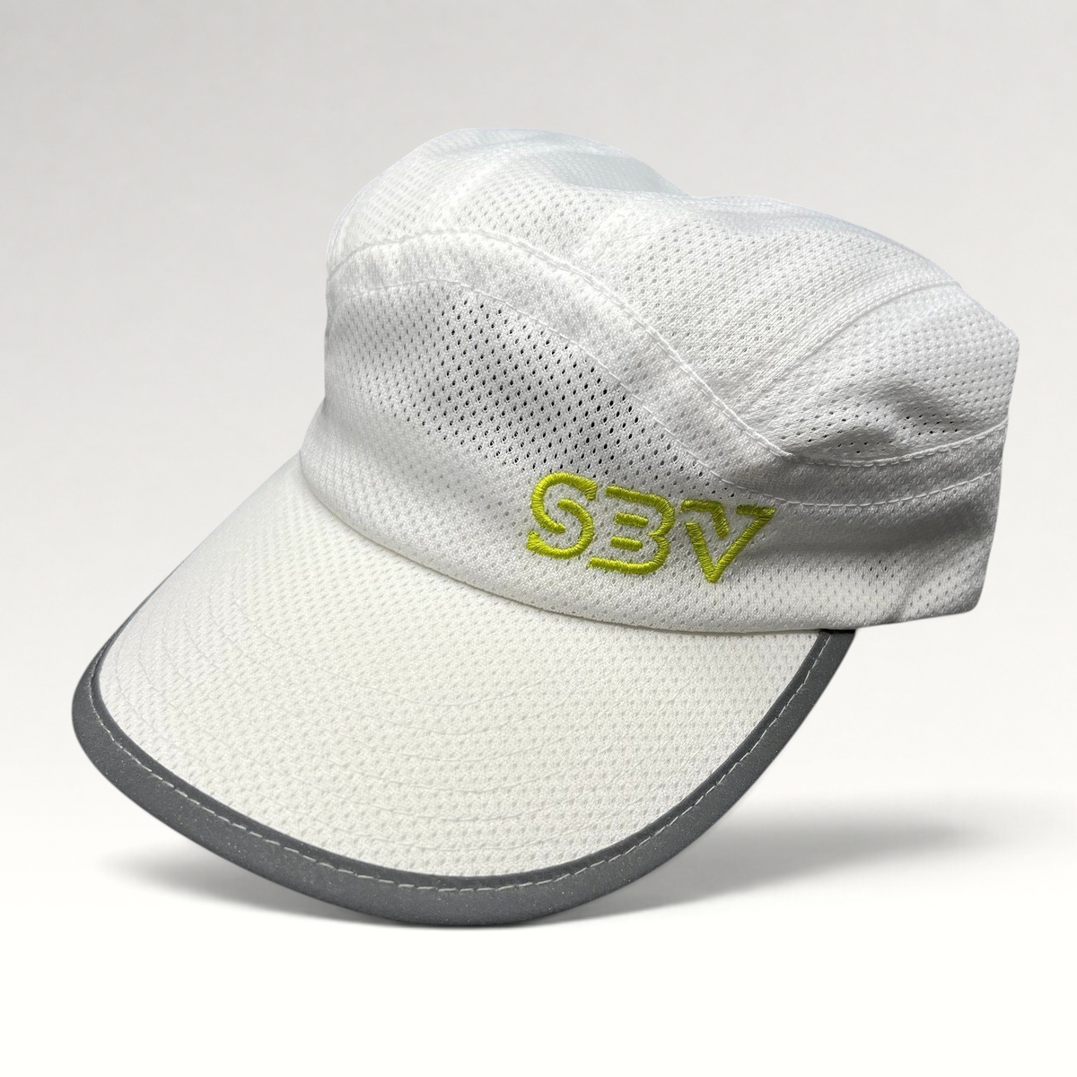 Raree Finds white performance 5-panel running hat with breathable mesh, reflective brim, and lime green SBV logo