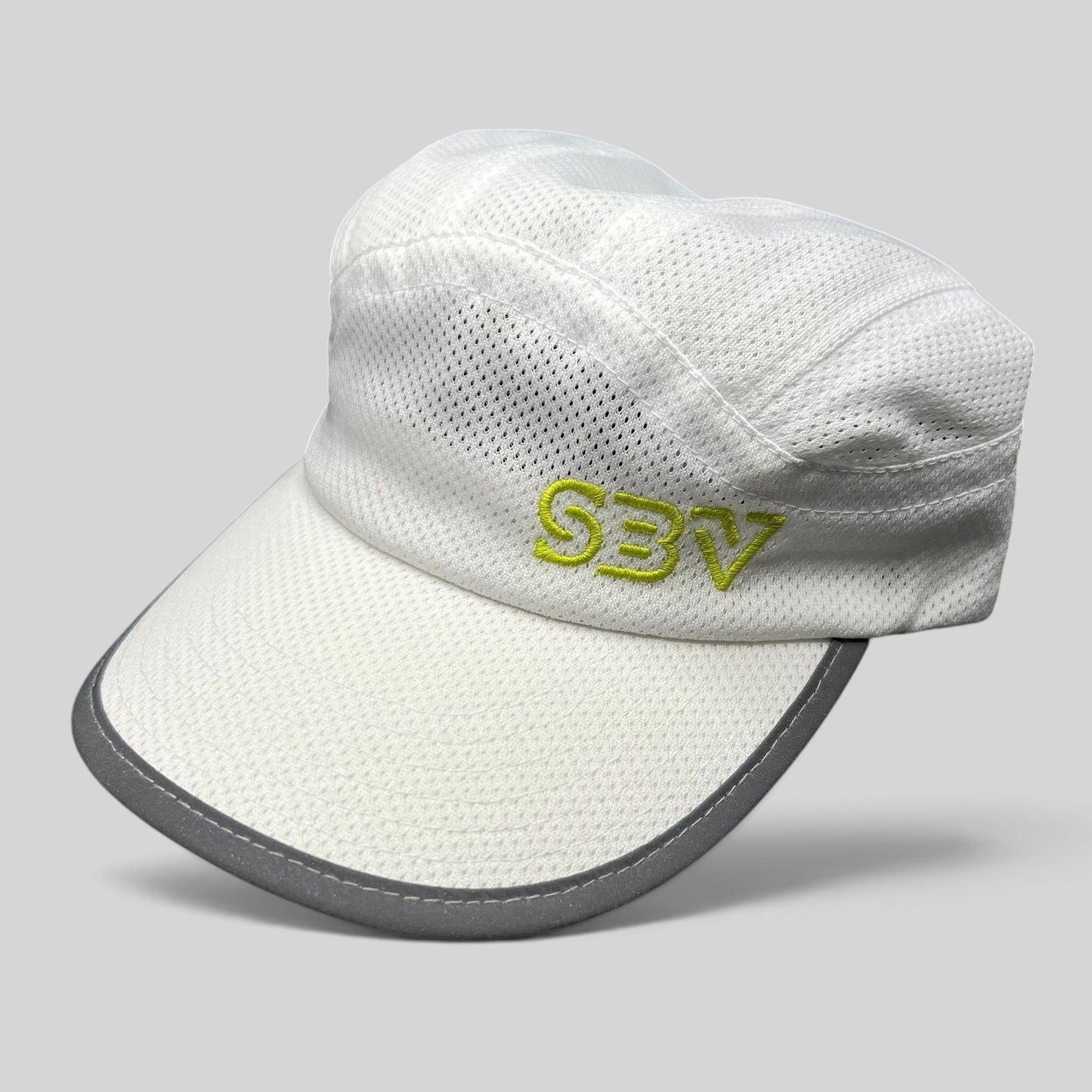 Raree Finds white performance 5-panel running hat with breathable mesh, reflective brim, and lime green SBV logo.