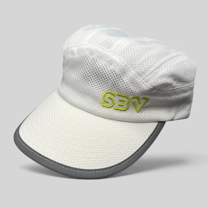 Raree Finds white performance 5-panel running hat with breathable mesh, reflective brim, and lime green SBV logo.