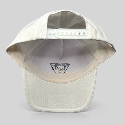 Raree Finds vintage white Massachusetts State Police snapback hat showing the interior adjustable plastic strap