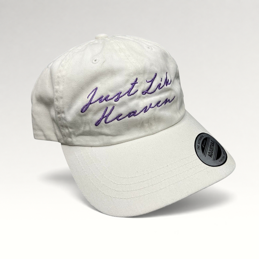 Raree Finds white cotton Yupoong Classics dad cap with purple Just Like Heaven script embroidery and curved brim