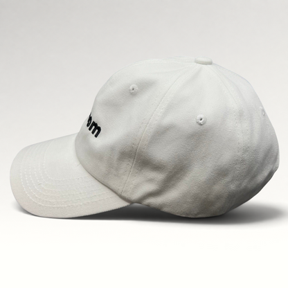 Raree Finds white cotton dad cap with black embroidered sex.com logo and side profile view