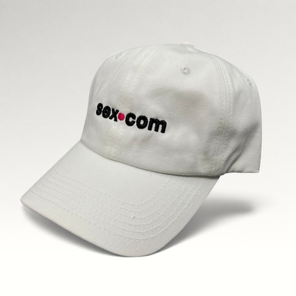 Raree Finds white cotton dad cap featuring embroidered black and red sex.com logo with adjustable brass strapback