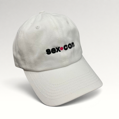 Raree Finds white cotton dad cap featuring an embroidered sex.com logo with a red dot accent and brass strapback