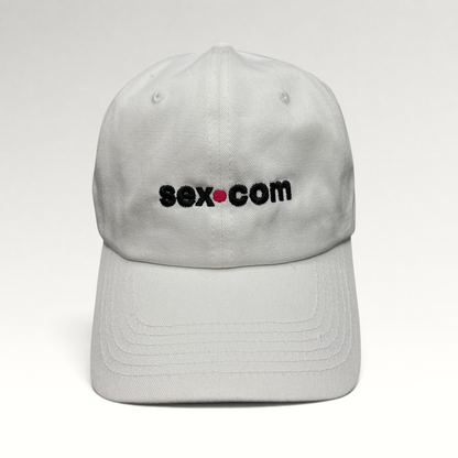 Raree Finds white cotton dad cap featuring embroidered sex.com logo with red accent and adjustable brass strapback