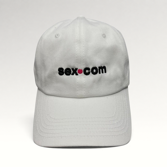 Raree Finds white cotton dad cap featuring embroidered sex.com logo with red accent and adjustable brass strapback
