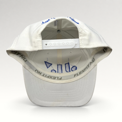 Raree Finds white Flexfit NU snapback hat showing interior royal blue embroidery and adjustable plastic strap