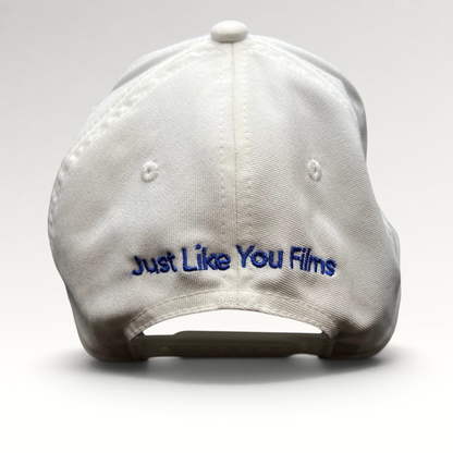 Raree Finds white Flexfit NU snapback hat with Just Like You Films embroidered in royal blue on the back