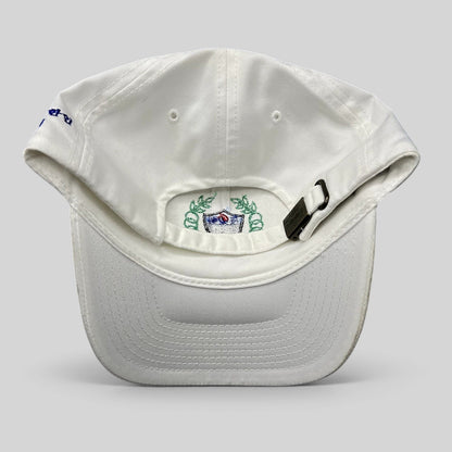 Raree Finds white strapback hat with embroidered crest and adjustable metal buckle closure, back view