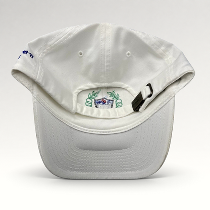 Raree Finds white strapback hat with embroidered crest and adjustable metal buckle closure, back view