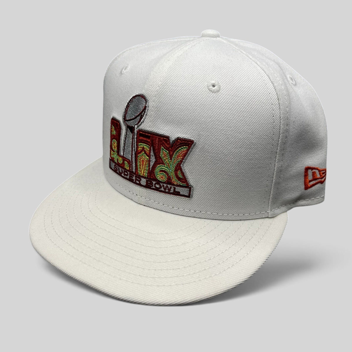 Raree Finds white New Era 9FIFTY Super Bowl LIX snapback hat with colorful embroidered trophy logo and flat bill