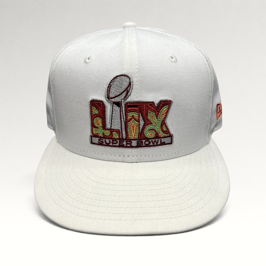 Raree Finds white New Era 9FIFTY Super Bowl LIX snapback hat with a colorful embroidered trophy logo on the front.