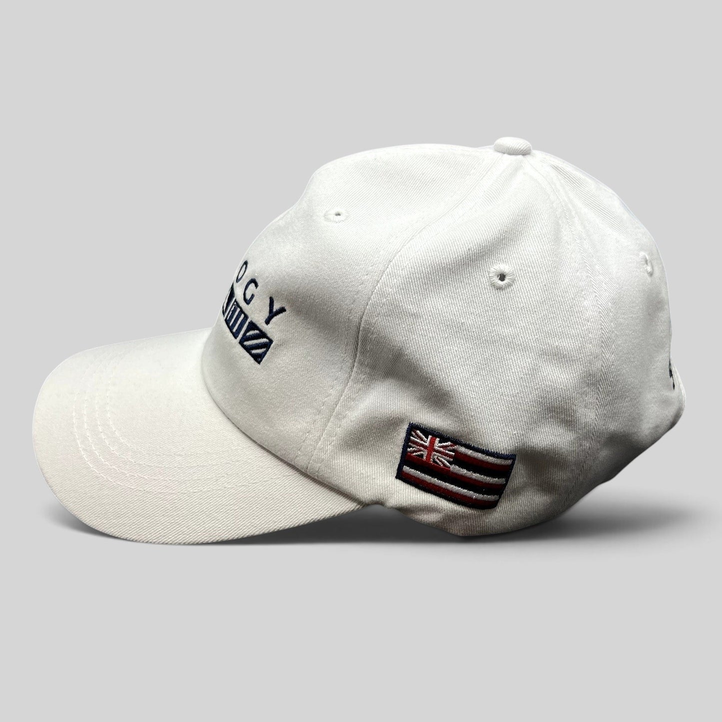 Raree Finds white cotton strapback cap with Trilogy branding and embroidered Hawaii flag on the side