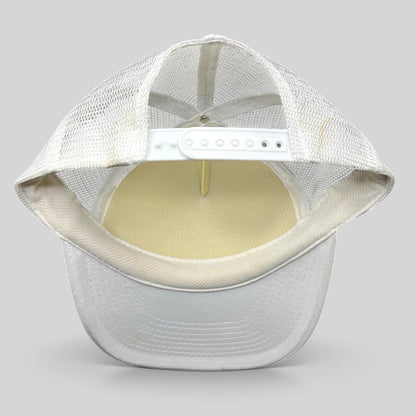 Raree Finds white Y2K Rockstar Energy Drink trucker hat with mesh back and snapback closure, back view