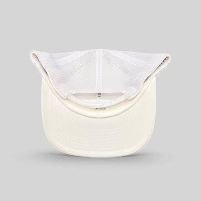 Raree Finds Black Clover white trucker hat interior view showing mesh back and Yupoong Flexfit construction