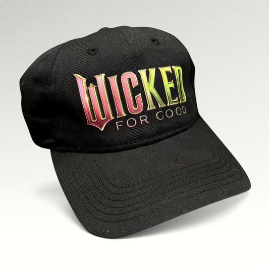 Raree Finds black cotton strapback hat with colorful Wicked For Good embroidered logo and curved brim