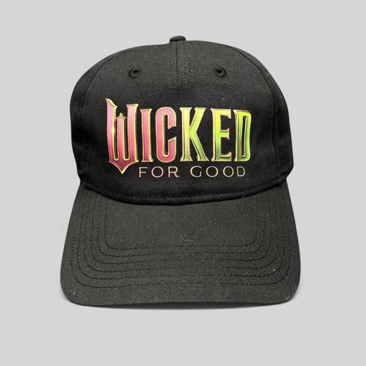 Raree Finds black cotton strapback hat with colorful Wicked For Good Broadway musical embroidery and curved brim