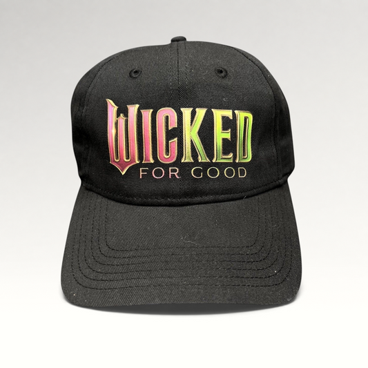 Raree Finds black cotton strapback hat with colorful Wicked For Good Broadway musical embroidery and curved brim