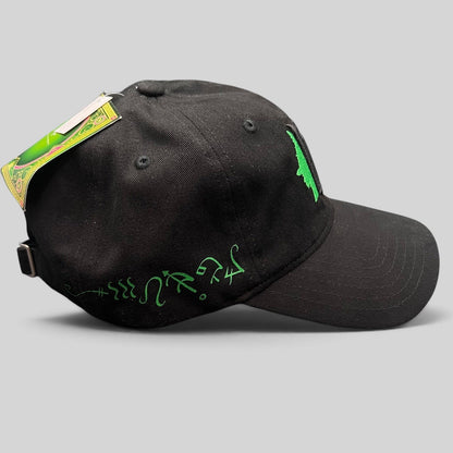 Raree Finds Wicked Broadway musical black cotton cap with green embroidered side detailing and curved brim