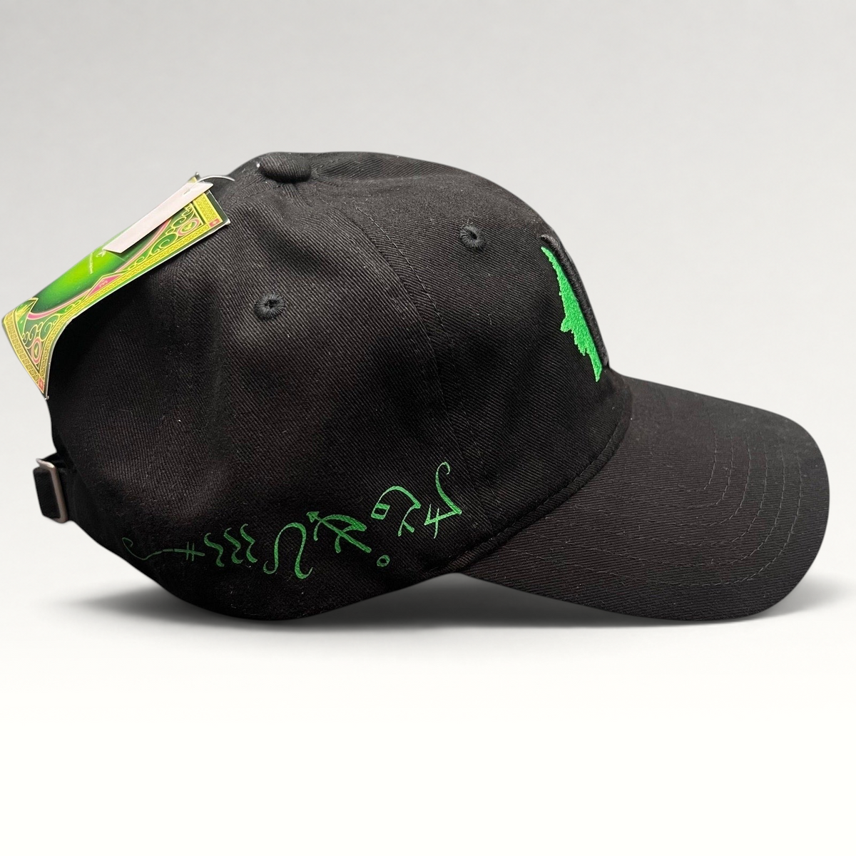 Raree Finds Wicked Broadway musical black cotton cap with green embroidered side detailing and curved brim