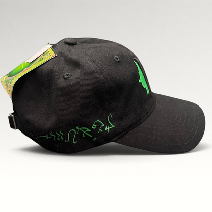 Raree Finds Wicked Broadway musical black cotton cap with green embroidered side detailing and curved brim