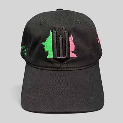 Raree Finds black cotton Wicked Broadway musical cap with green and pink character embroidery and gothic W emblem