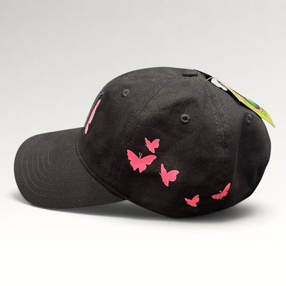 Raree Finds black cotton Wicked musical cap with pink butterfly embroidery on the side panel and curved brim