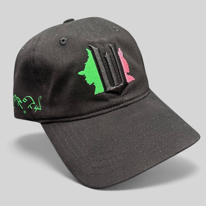 Raree Finds Wicked Broadway musical black cotton snapback hat with green and pink character embroidery and W emblem.