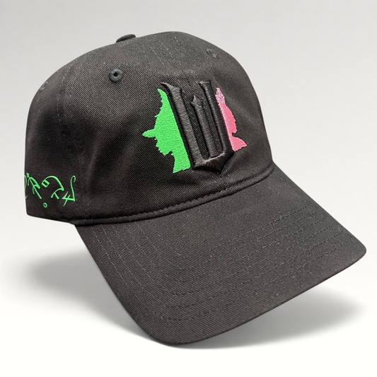 Raree Finds Wicked Broadway musical black cotton snapback hat with green and pink character embroidery and W emblem.