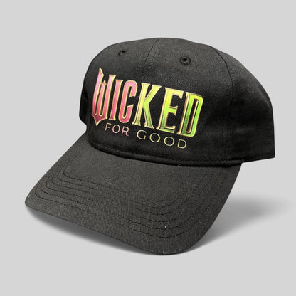 Raree Finds black cotton strapback hat with colorful Wicked For Good Broadway musical embroidery and curved brim