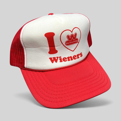 Raree Finds vintage Wienerschnitzel red and white foam trucker hat with I Heart Wieners graphic and mesh back