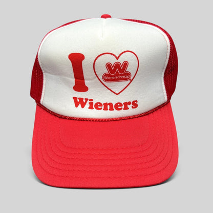 Raree Finds vintage Wienerschnitzel trucker hat with red and white foam front and I Heart Wieners graphic