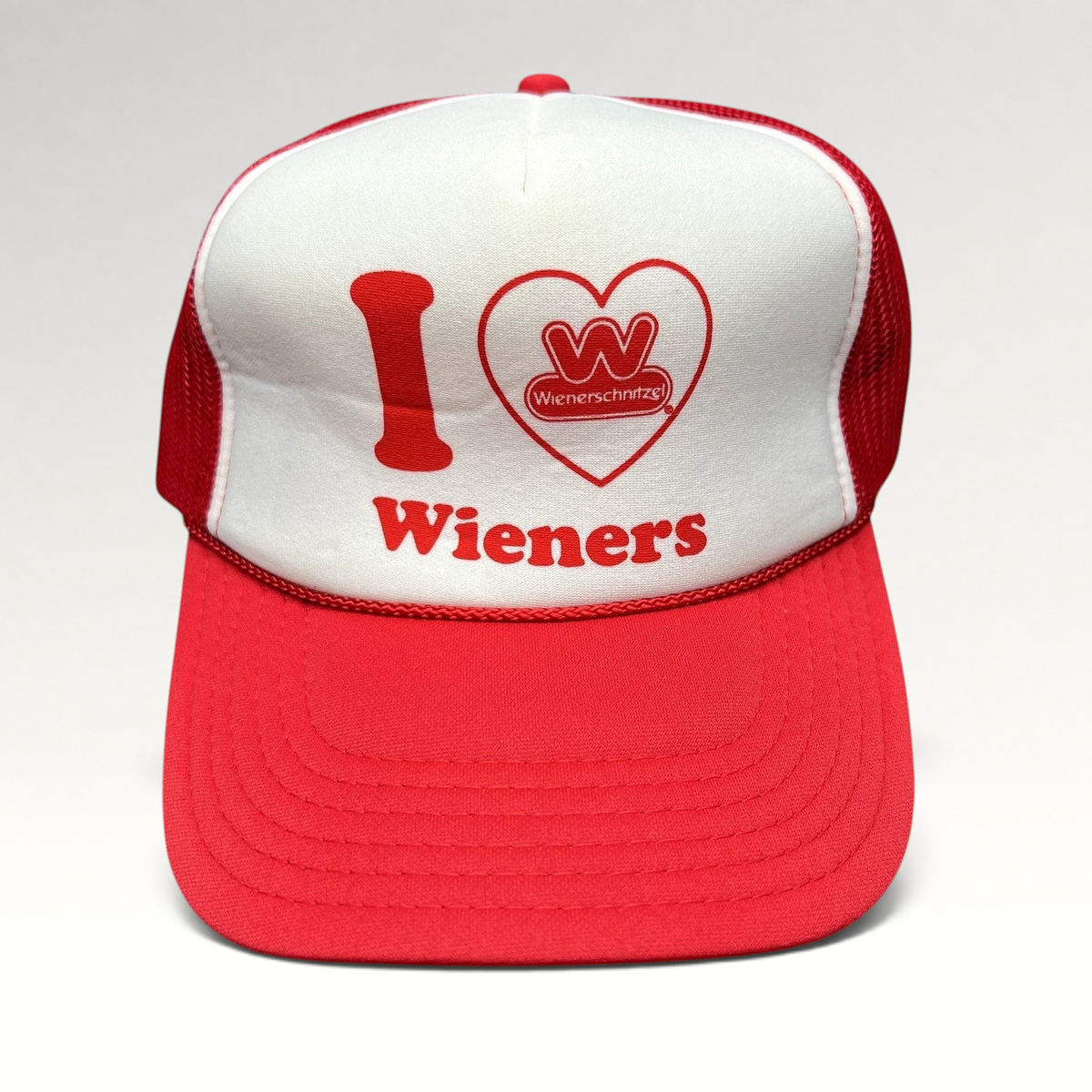 Raree Finds vintage Wienerschnitzel trucker hat with red and white foam front and I Heart Wieners graphic