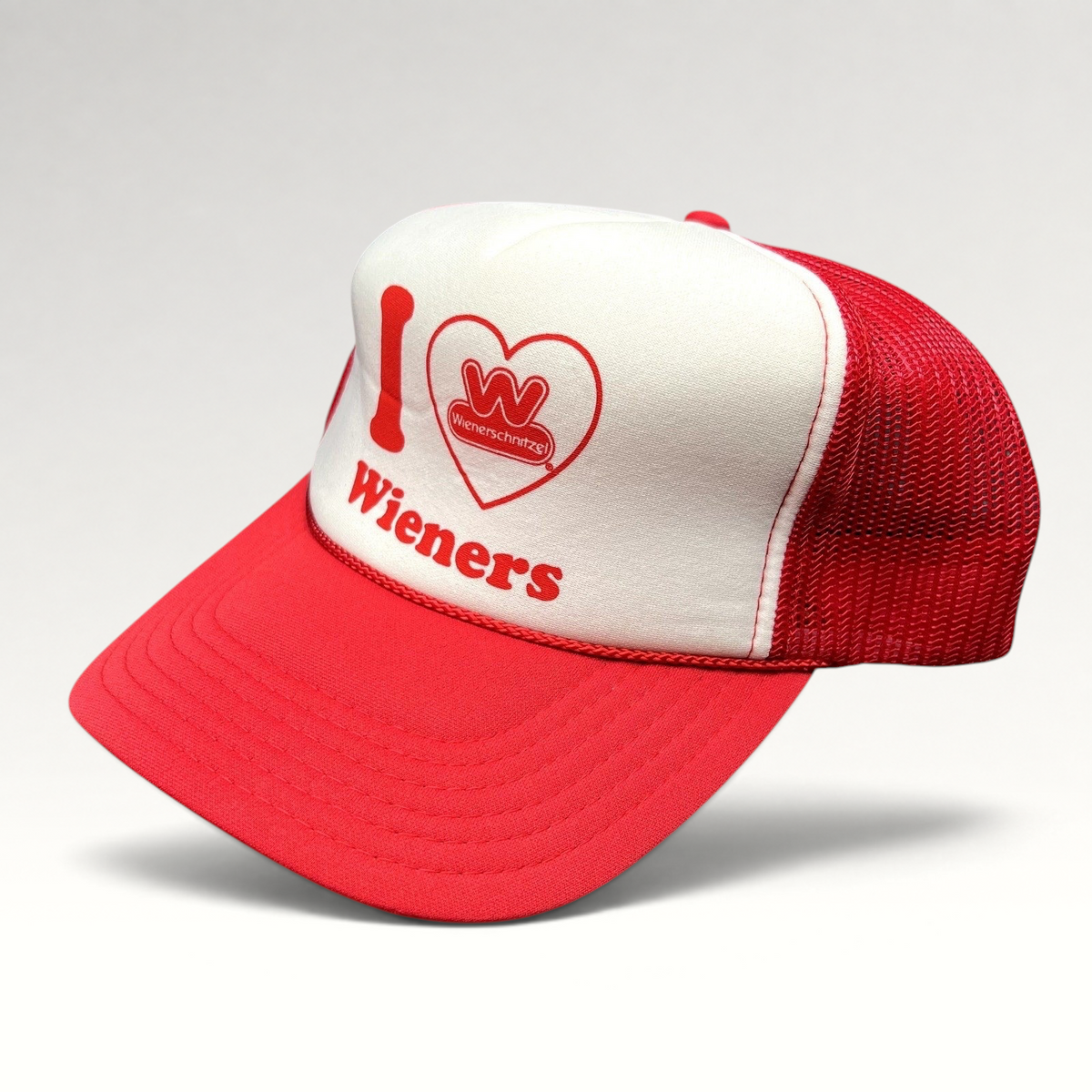 Raree Finds vintage Wienerschnitzel I Heart Wieners red and white foam front mesh trucker snapback hat