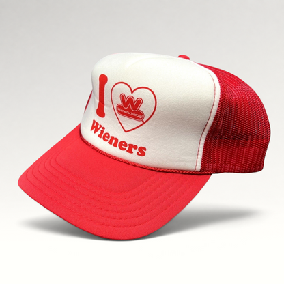 Raree Finds vintage Wienerschnitzel I Heart Wieners red and white foam front mesh trucker snapback hat