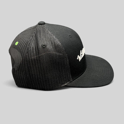 Raree Finds William Murray Golf black trucker snapback hat with white script logo and mesh back panels