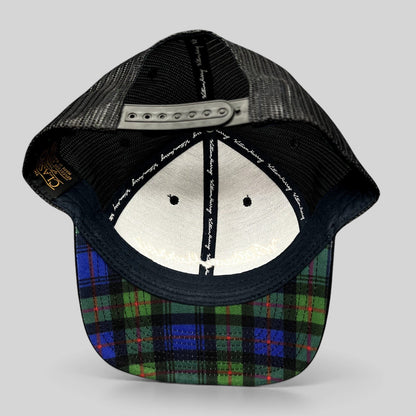 Raree Finds William Murray Golf black trucker hat with mesh back and green and blue tartan plaid undervisor