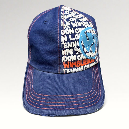 Raree Finds navy and orange distressed strapback hat with Wimbledon graphic print and frayed edges