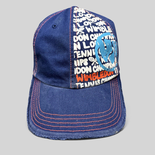 Raree Finds navy and orange distressed strapback hat with Wimbledon graphic print and frayed edges