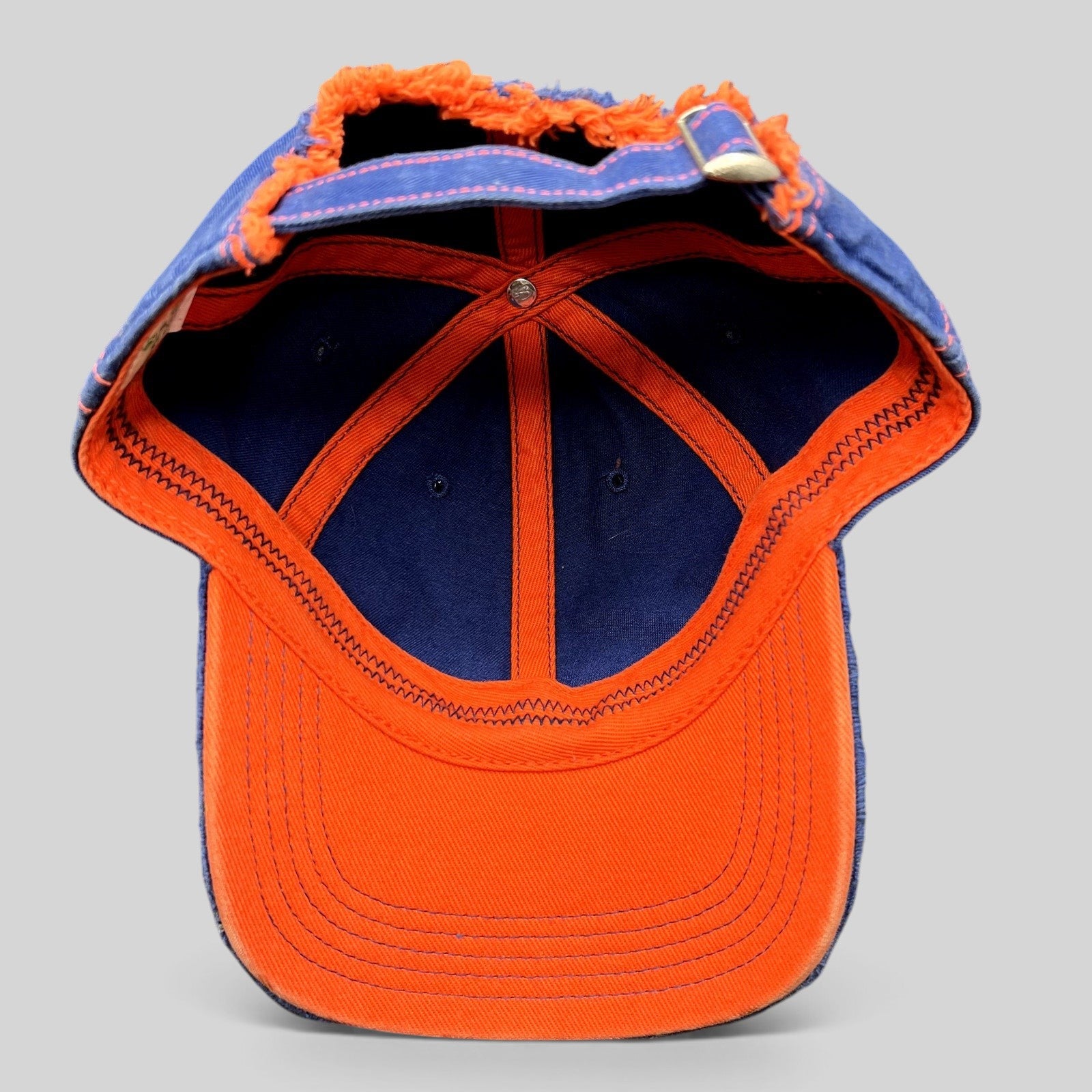 Raree Finds official Wimbledon navy and orange distressed strapback hat with frayed edges and adjustable closure