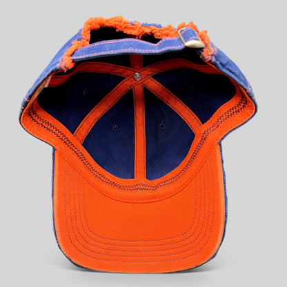 Raree Finds official Wimbledon navy and orange distressed strapback hat with frayed edges and adjustable closure