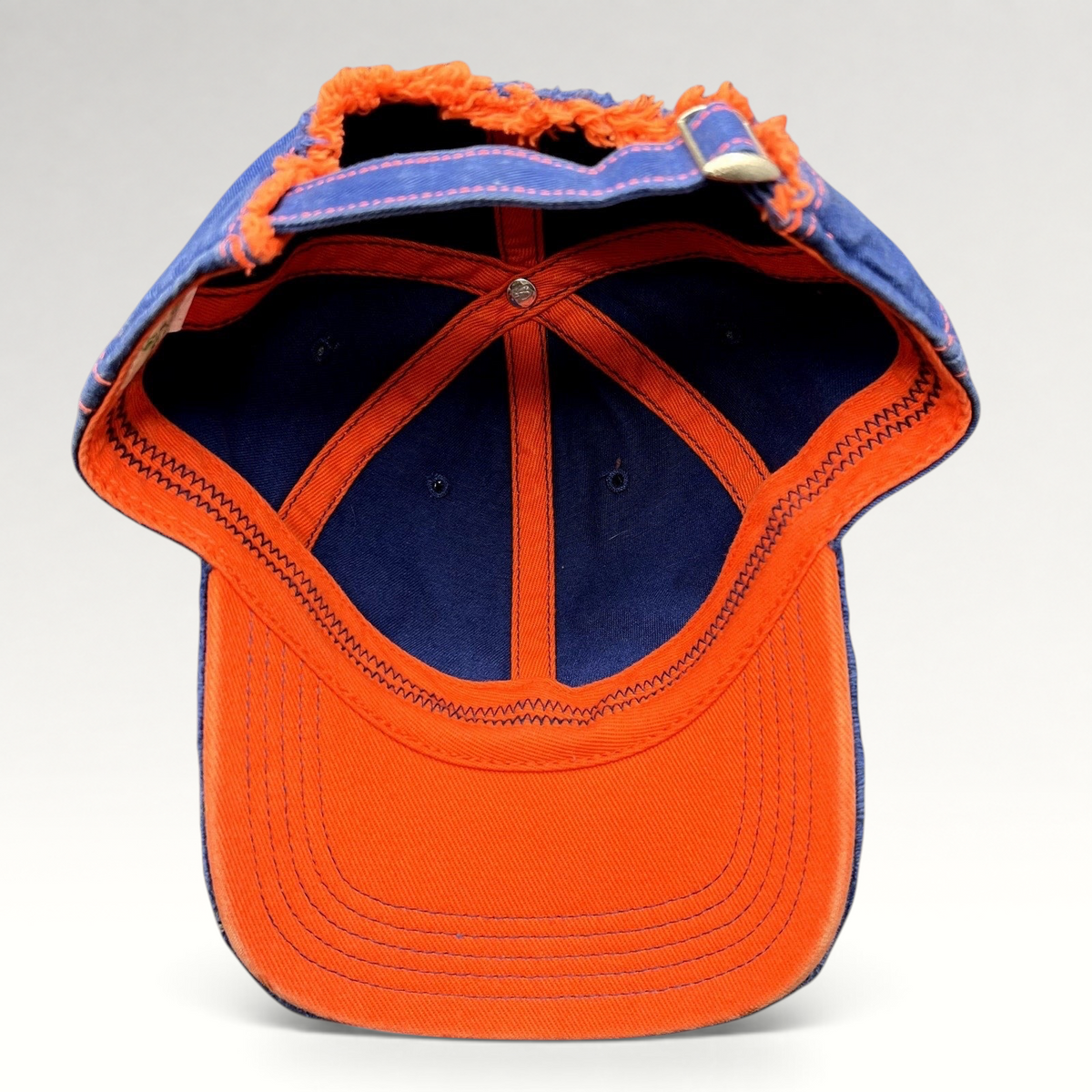 Raree Finds navy and orange Wimbledon strapback hat with distressed frayed edges and adjustable metal buckle closure