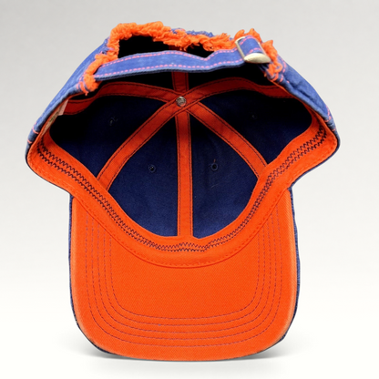 Raree Finds navy and orange Wimbledon strapback hat with distressed frayed edges and adjustable metal buckle closure